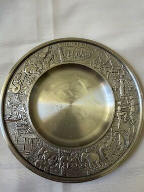 Thailand PV Pewter Decorative Storyteller embossed Plate Metallic Silver 7”